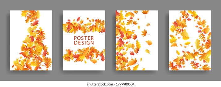 Autumn leaves falling card backgrounds or covers vector set. Yellow orange red dry autumn leaves organic banners. Falling dry foliage brochure covers, card backgrounds graphic design.