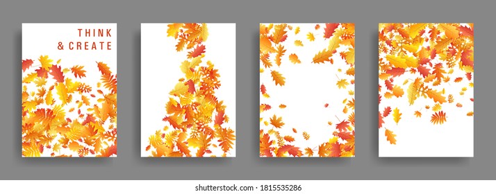 Autumn leaves falling card backgrounds or covers vector set. Yellow orange red dry autumn leaves organic backdrops. Falling dry foliage brochure covers, card backgrounds graphic design.