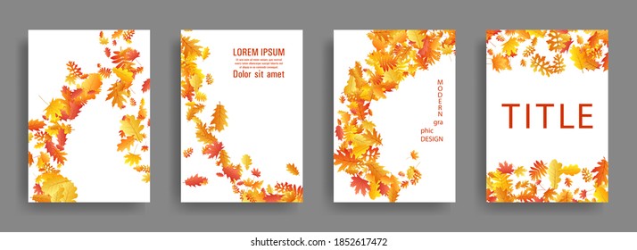 Autumn leaves falling card backgrounds or covers vector set. Yellow orange red dry autumn leaves organic banners. Falling dry foliage brochure covers, card backgrounds graphic design.