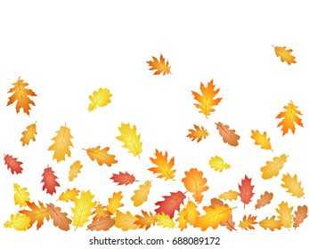 Autumn leaves falling down vector EPS 10 illustration. Red, yellow, orange and brown dry oak tree leaves background pattern.