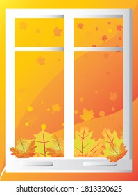 Autumn leaves falling on frame window vector illustration