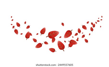 Autumn leaves, falling red leaves caught in the wind 3d vector illustration. Fall forest flora, natural leaf flying. Trees foliage curve wave isolated on white. Autumn leafage border composition