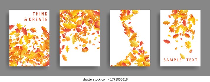 Autumn leaves falling stylish card backgrounds or covers vector set. Yellow orange red dry autumn leaves organic backdrops. Falling dry foliage brochure covers, card backgrounds graphic design.