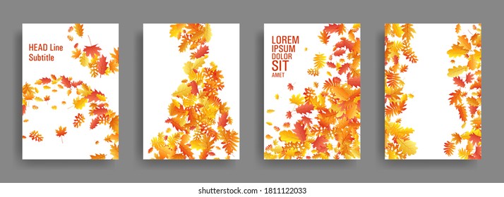 Autumn leaves falling stylish card backgrounds or covers vector set. Yellow orange red dry autumn leaves organic backdrops. Falling dry foliage brochure covers, card backgrounds graphic design.