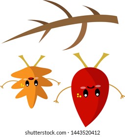 autumn leaves falling from a tree branch funny cartoon characters with emotion of wonder concept of the golden season and nature