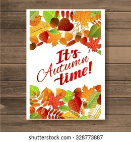 Autumn leaves flat calligraphy background card. Flat design style modern vector illustration icons set of autumn leaves.