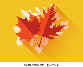 Autumn leaves. Flat leaves with long shadow. Vector illustrations.