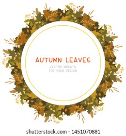 Autumn leaves flat vector decorative round frame. Retro fall foliage with red guelder berries. Seasonal botanical wreath with copyspace. Tree twigs composition postcard, banner template  
