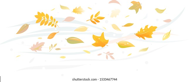 Autumn leaves flies in wind isolated illustration, multicolored dry leaves circling in air, flying autumn leaves