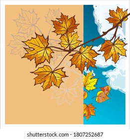 Hojas de otoño flotando en un charco. Reflexión de un cielo azul con nubes. Banner cuadrado con elementos coloridos del otoño. Ilustración vectorial. Fondo del cartel de otoño