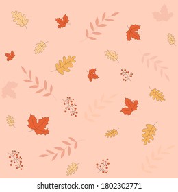 Motif floral harmonieux de feuilles d'automne avec feuille de chêne, feuille d'érable, fraise, sorb, brunch, palmier. Motif d'automne avec illustration vectorielle de feuilles d'érable. Conception à plat dans des couleurs pastel pour le papier d'emballage