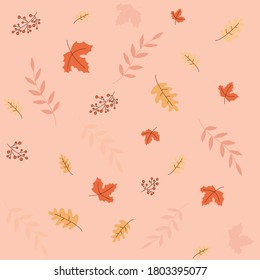 Motif floral harmonieux de feuilles d'automne avec feuille de chêne, feuille d'érable, fraise, sorb, brunch, palmier. Motif d'automne avec illustration vectorielle de feuilles d'érable. Conception à plat dans des couleurs pastel pour le papier d'emballage