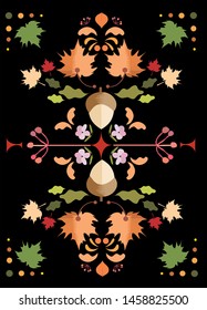 autumn leaves, flower adn acorn classic pattern vector with black background