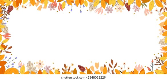 Herbstblätter und florale Grenze auf weißem Hintergrund, Herbstsaisonbanner mit süßen bunten Blumen und Blätterrahmen, Vektorhintergrund für Thanksgiving, Harvest Day