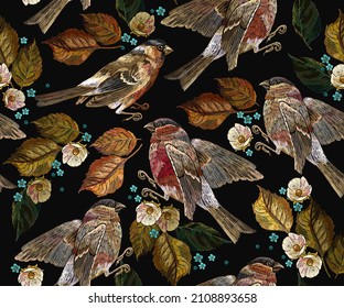 Autumn leaves, flowering apple tree and bird. Embroidery design. Template for design of clothes, tapestry. Happy easter art. Fashion garden style. Seamless pattern