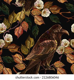 Autumn leaves, flowering apple tree and raven bird. Fashion garden style. Seamless pattern. Fall forest. Embroidery design. Template for design of clothes, tapestry