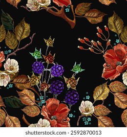 Autumn leaves, flowering apple tree, red roses berries. Fashion garden style. Seamless pattern. Template for design of clothes, tapestry. Fall forest. Embroidery design