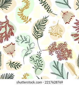 Autumn leaves and flowers background. Seamless pattern. Vector illustration. Fall foliage background