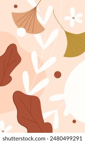 Autumn leaves and flowers in pastel yellow and brown colors, abstract minimal pattern vector illustration