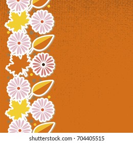 Autumn leaves and flowers pattern vertical, isolated on textured orange background. simple flat style, vector illustration. For banners, posters, presentation template, cards, invitation. Flower icons