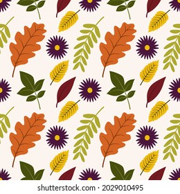 Autumn leaves and flowers seamless pattern vector design