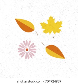 Autumn leaves and flowers set, isolated on textured background. simple flat style, vector illustration. For banners, posters, presentation templates, cards/invitation. Flower icon, tag. Blog post
