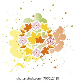 Autumn leaves and flowers set, isolated on color background. simple flat style, vector illustration. For banners, posters, presentation templates, cards/invitation. Flower icon, tag. Blog post