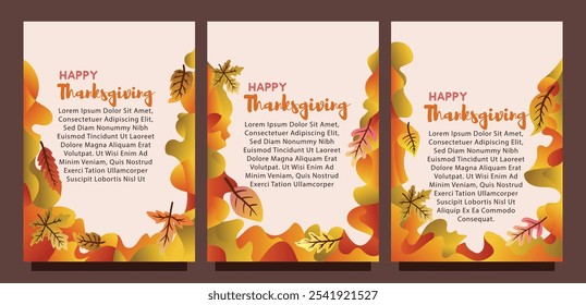 Autumn Leaves and Fluid Art Thanksgiving Card Templates. print size set of thansgiving card template concept. liquid abstract background with autumn leaves vector illustration