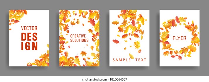 Autumn leaves flying card seasonal backgrounds or covers vector set. Yellow orange red dry autumn leaves organic backdrops. Falling dry foliage brochure covers, card backgrounds graphic design.