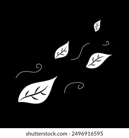 Autumn leaves flying in wind. Black and white vector illustration. Fall composition with autumn plant elements. Drawing of leaf and wind