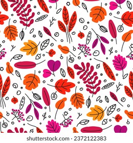 Autumn leaves and foliage, isolated fall season flora and vegetation. Oak and chestnut branches and twigs, trees and bushes. Background seamless pattern print or wallpaper design. Vector in flat style svg