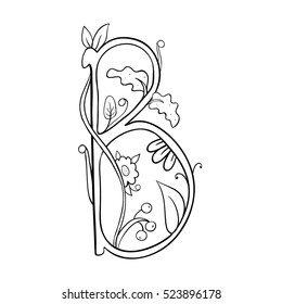 Autumn leaves font, Letter B with floral and berries. Vector black and white outline illustration.  Coloring decorative design element.