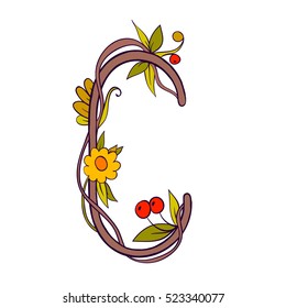 Autumn leaves font, Letter C with floral and berries. Vector design decorative element.