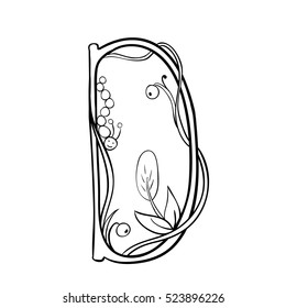 Autumn leaves font, Letter D with floral and berries. Vector black and white outline illustration.  Coloring decorative design element.