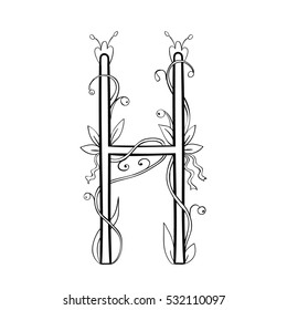 Autumn leaves font, Letter H with floral and berries. Vector black and white outline illustration. Coloring decorative design element.