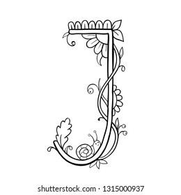 Autumn leaves font, Letter J with floral and berries. Vector black and white outline illustration.  Coloring decorative design element.