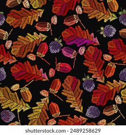 Autumn leaves and forest berries. Nature seamless pattern. Embroidery fall fashion art, template for design of clothes