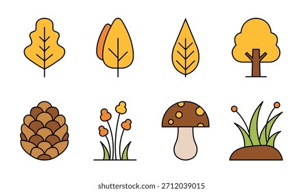 Hojas de otoño y Elementos forestales sobre un fondo blanco, ilustración de la temporada de otoño