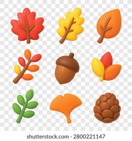 Autumn Leaves and Forest Elements Vector Icon Set | 3D icon set | red maple,  yellow oak leave, orange autumn leaf, multicolored leafy branch, acorn, colorful fall leaves, green branch leaf, ginkgo biloba leaf, pinecone 