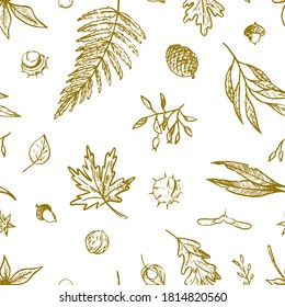 Autumn leaves and forest harvest doodles seamless pattern. Hand drawn vector wallpaper in sketch style. Vintage colored botanical background for design print, wrapping, fabric, textile, fabric, decor.