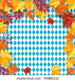 Autumn leaves frame background pattern of blue diamonds. Traditional fall Oktoberfest background. National German autumn beer festival design.Cartoon flat style vector illustration