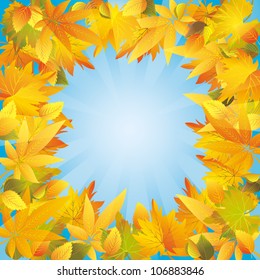 Autumn leaves frame, beautiful light nature background. Place for text. Vector illustration.