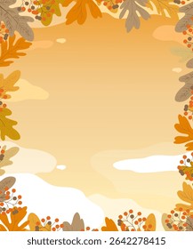Autumn leaves frame border on sunset sky, cloud background,Fall background with colourful leaves orang, yellow, brown maple leaves.Vector cartoon for Hello Autumn invitation, Web banner