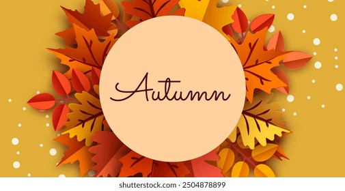 Autumn leaves frame a circle with "Autumn" text. Perfect for fall designs. Vector Illustration.