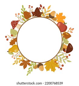 Autumn leaves frame, circular shape with different kind of leaves around. Flat style. Vector illustration 