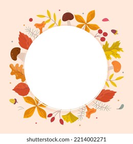 Autumn leaves frame, circular shape with different kind of leaves around, copyspace. Cute vector illustration in flat cartoon style, banner template