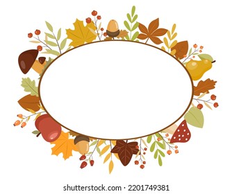 Autumn leaves frame, ellipse shape with different kind of leaves around. Flat style. Vector illustration 