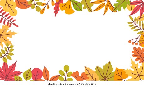Autumn leaves frame. Fall leaves orange, red and green frame, yellow leaf border for Thanksgiving card, fall sale season banner. Maple and oak foliage vector background.