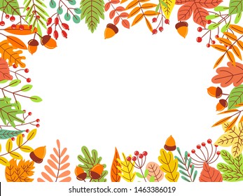 Autumn leaves frame. Fallen yellow leaf, september foliage and autumnal garden leaves border. Fall leaves border, gold autumn gardener foliage card vector illustration