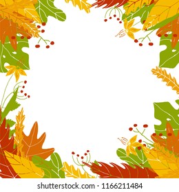 Autumn leaves frame in hand drawn style. Vector colorful orange leaves.